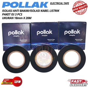 Paket Isi 3pcs Isolasi Kabel Listrik POLLAK 18mm x 20M Electrical Tape Hitam Tahan Panas Solasi PVC Lentur Kuat ORIGINAL POLLAK