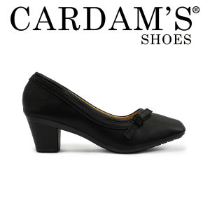 Cardams Womens Pumps Shoes CLY 24933 Black C1 - Black leather pumps with low block heel and bow detail. Suitable for formal or casual wear.