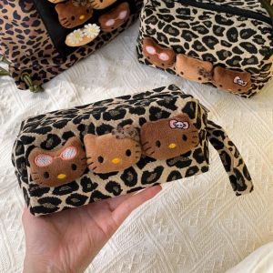 Cute Leopard Print Hello Kitty Makeup Bag Kawaii Zipper Travel Storage Bag Portable Cosmetic Toiletry Handbag