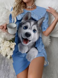 Wind-filled cartoon puppy long style T Womens American-style printed short-sleeved shirt T T-shirt-style pajamas for home wear