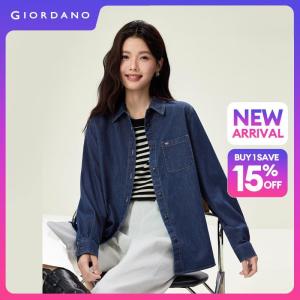 Giordano Beau Monde Women Metal tag single pocket long sleeve denim shirt Free Shipping 13346606