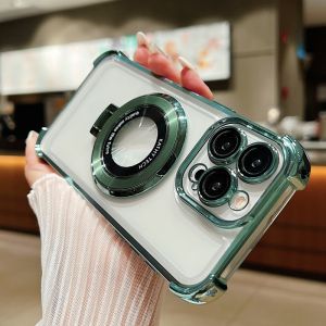 CrashStar With Lens Films MagSafe Stand Thickened Corners Plating Transparent Hard Shockproof Phone Case For iPhone 17 16 15 14 Pro Max Plus Air 16e 13 12 11 Pro Max Wireless Charging Phone Casing Clear Anti-fall Phone Cover Shell