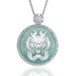TIMESWIND Men Natural Jade Light Green Dragon Roar Shadow Carved Copper Necklace
