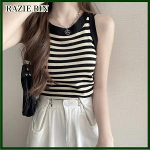 RAZIE BIN Summer Korean Stripe Knitted Tank Top Women Round Neck Sleeveless Camisole