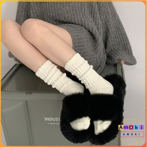 Amoki Women Sock Japanese Style Retro Thick Thread Solid Color Middle Tube Socks