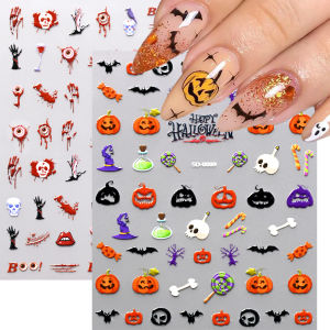 ZEEMIN 5D Horror Bloody Halloween Nail Art Sticker Pumpkin Ghost Skeleton Red Skull Eyeball Nail Decals Festival Sticker Manicure Decor