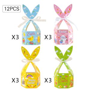 YUDESHUI 12PCS Giấy Hộp quà Phục Sinh Dây ruy băng tay cầm Nhiều màu sắc Giỏ kẹo tai thỏ Sáng tạo Mẫu hoạt hình Hộp đóng gói Lễ kỷ niệm Phục sinh