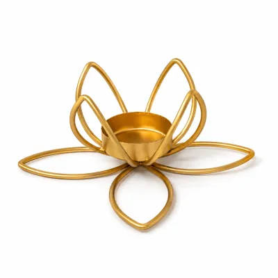 Handcrafted Lotus Shape Metal Tealight Candle Holder | Gold Finish Pooja Diya Stand for Home Decor (Pack of 1 Pc | Size - 6 (W) x 2.5 (H) Inch)