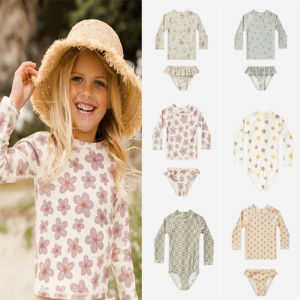 2026 Summer RC Baby Girls Long Sleeve Swimwears Floral Swimsuit Kids Bikini Set Girls Sunscreen Bodysuit One-piece Suits 1-12Y2026