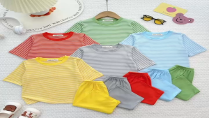 KIM212 Bộ lửng thun lạnh áo sọc quần trơn (9-26kg) vải thun lạnh mềm mịn cho bé trai bé gái đi học mặc nhà