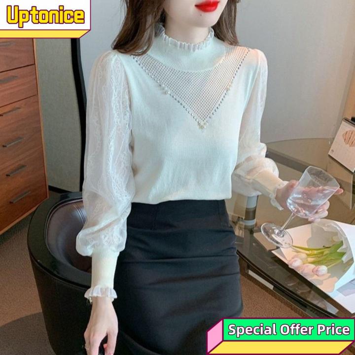 NOWNICE Ren rỗng Áo dài tay Thanh lịch Áo cổ lọ nửa Áo len cơ bản Thời trang Áo sơ mi Phụ nữ