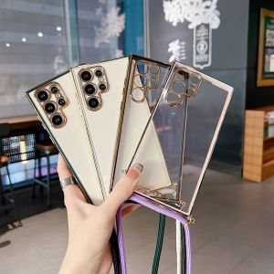 For Samsung Galaxy S24 Ultra S23 S22 Ultra S21Plus A52S A14 A54 A34 A24 A53 A33 A22 A12 S20 FE S21 FE Case Electroplating Full Coverage Shockproof Crossbody strap lanyard Sling String Case Lens Camera Frame Protection Casing Cover