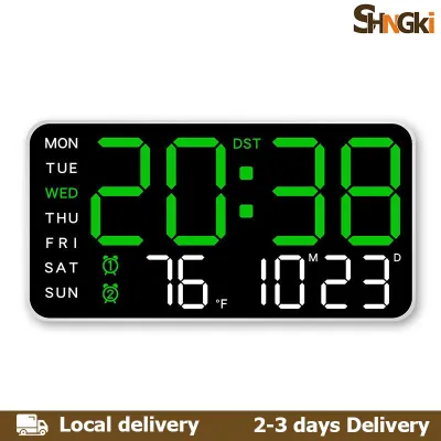 SHNGki Home💖2-3 days Delivery💖 Lớn Kỹ Thuật Số Đồng Hồ Treo Tường Tuần Ngày Hiển Thị Nhiệt Độ Bằng Giọng Nói Bảng Điều Khiển LED Đồng Hồ Báo Thức Độ Sáng Có Thể Điều Chỉnh 12 24H Đồng Hồ