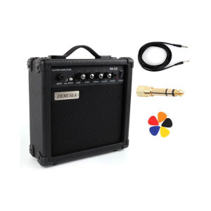 KAWES 15W Pro Electric Guitar Black Amplifier Amp Practice Small Portable Travel Mini with Headphone Jack Aux Distortion Gain Treble Bass Volume Jack With Cable Picks