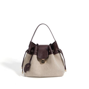 Korean-style high-end linen bucket bag with top-layer cowhide drawstring   Vintage multifunctional shoulder crossbody and handbag for everyday versatile commuting  #71574