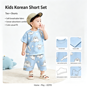 AILEBE Kids Sets Korean Style Short Sleeve Tee Shorts Set Soft Breathable Sweat Absorbent Skin Friendly Lightweight Wear Resistant Comfy Summer Wear Cute Casual Pambahay OOTD For Baby Boys 0-4 Years
