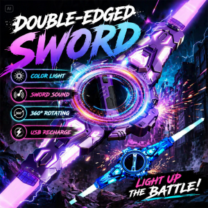 [ Random Color ] Double Edged Sword With Light Sound Spark Rotating Twin Lightsaber Rechargeable Gift Decoration Toy