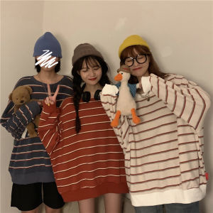 Leher Bulat Lengan Panjang Wanita Korea Bergaris-garis Pullover Longgar Kain Tipis