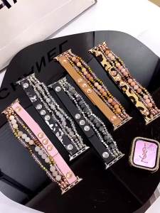 Leather Chain Bracelet Band For Watch Strap S10 42mm 46mm 49 40mm 38mm 41 45mm Women Elastic Beaded Leather Strap I watch SE Series Ultra 2 9 8 7 6 5 4 3 2 38mm 42mm㏇0708