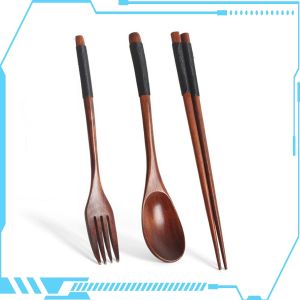 【Fast and Free Delivery】 ALLGOODS 3PCS Cutlery Portable Fork Chopsticks Spoon Set Tableware Long Handle Wooden Dinnerware Natural Japanese Handmade Utensils Sets