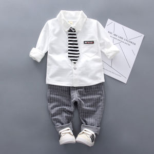 Baby boy Lapel shirt with tie child long sleeve suit 2-piece set 0-5 years