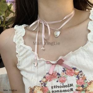 [COD] Man YingLie Y2K Pink Rope Tied Peach Heart Pendant Necklace For Women Fashion Retro Sweet Harajuku Necklace Charm Jewelry Gift