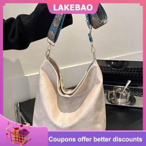 【LAKEBAO】 Túi đeo vai nữ thời trang màu Trơn Cổ Điển Túi đeo chéo xô Dây đeo rộng đơn giản sức chứa cao
