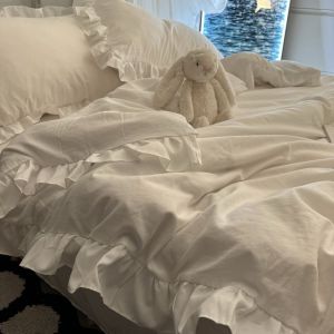 High-Grade Gray Bed Sheet Quilt Cover Ruffled Edge Washed Cotton Quilt Cover Single Double Set Dormitory Three-Piece Set LZD