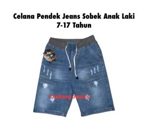 Celana Jeans Pendek Sobek Robek Anak SD SMP Cowok Laki Remaja Tanggung Umur 7 8 9 10 12 Usia 14 15 16 17 Tahun Thn Pinggang Karet Melar Warna Biru Navy Blit Muda Thin Brown