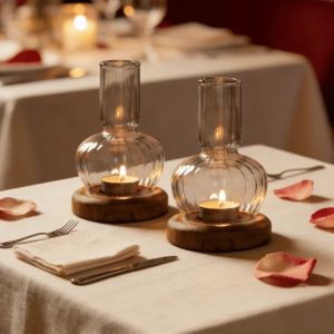FFBH Vintage  Tea Light Windproof Candle Holder Clear Glass Candle Holder with Solid Wood  Wedding & Dining Table Decor Ramadan Z5Q1T