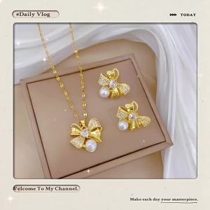 2pcs Bộ trang sức vòng cổ và bông tai sang trọng nhẹ nhàng nơ kim cương đầy đủ ngọc trai cá tính khí chất bộ trang sức tiệc tùng