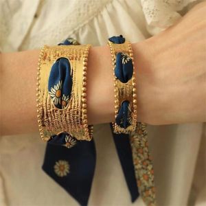 COSE Metal Wide Open Bangle Minority Design Europe American Style Cuff Bangles with Ribbon Unique Alloy Exaggerated Bracelet Women