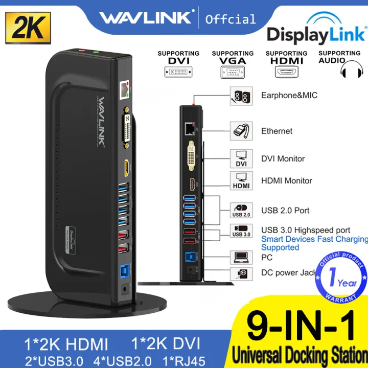 Wavlink USB 3.0 with Vertical Aluminum Stand ,Universal Dual Display Docking Station With Gigabit Ethernet, HDMI/DVI/VGA, 6 USB Ports, Audio Output/Input for