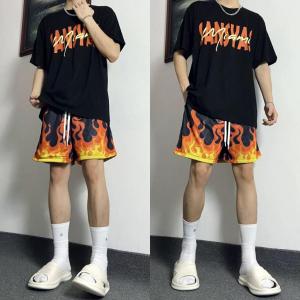 Z1BEE【M-5XL】 Mens Street Style Shorts American Flag Print with Flame Design for Soccer & Basketball Simple and Trendy Plus Sizes