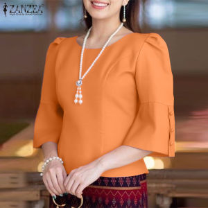 ZANZEA Korean Style Women Office O Neck Three Quarter Sleeve Top Collect Waist Solid Color OL Work Blouses #0113