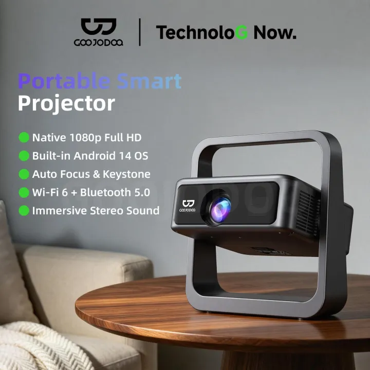 GOOJODOQ AC1098 Smart Projector Full HD 1080P, supports 4K, Android 14, Auto Focus, Auto Keystone, Wi-Fi 6, Bluetooth 5.0