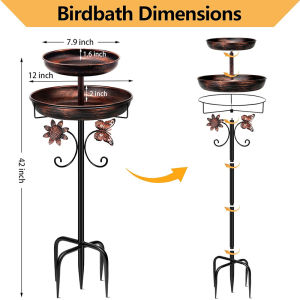 Metal Bird Bath For Outside 42In Vintage Freestanding Bird Baths Double-Layer Bowl Bird Bath Stand Lawn Plug-In Food Dispenser Detachable Steel Ring Holder With Upgraded 5-Pronged Base For Garden Yard Patio Decor