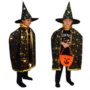 Halloween Witch Cape Childrens Costume Masquerade Cloak Witch Costume with Hexagram Hat Performance Outfit