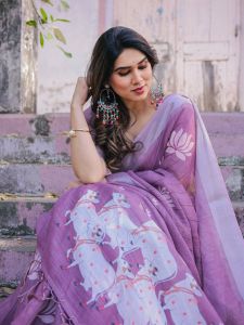 Designer South Style Printed Linen Cotton Saree with Blouse