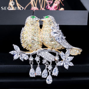 SEQUITO Exquisite Trendy Full Micro Pave CZ Animal Birds with Water Drop Tassel Brooch for Party Female Coat Lapel Pin Jewelry BP008