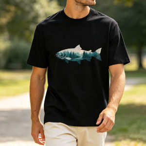 Wild Trout Graphic Tee Men Forest Mountain River Silhouette Outdoor Fishing Enthusiast Guy Daily Trendy Casual T-Shirt