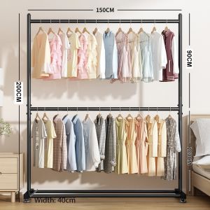 LG 200cm Rak Gantungan Baju Besi 2 Susun Rak Gantungan Baju Toko Stand Hanger Gawang Jemuran Pakaian Portable