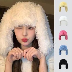 NOVELLEO Solid Color Rabbit Ears Beanies Coldproof Bunny Ear Protection Hat Lovely Warm Plush Pullover Cap Women