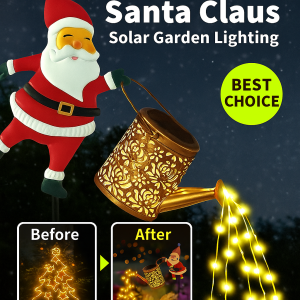 New Santa Claus Solar Luminous Kettle Lights Christmas Outdoor Lantern Decoration Hollowed-Out Watering Can with LED Light