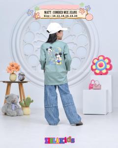 Setelan Mickey celana jeans gombrong anak perempuan mix cotton combad 20s usia 8 tahun sampai 14 tahun realpict cod / baju setelan jeans fashion anak kekinian