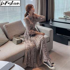 Korean Style Chiffon Floral Dress Women Long Sleeve A-Line Dresses
