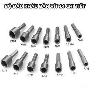 Bộ Đầu Khẩu Lục Giác 14 Chi Tiết 1/4 5-12mm & Inch – Đầu Bắn Ốc Máy Khoan Bộ Tuýp Mini Đa Năng