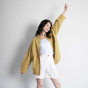 QUEENTIN Kemeja Oversize Wanita 98002 Jeans Wash Polos Lengan Panjang