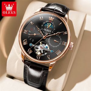 OLEVS Waterproof Mens Watch Leather Strap Chronograph Skeleton Dial Automatic Mechanical Movement Sports Style Casual
