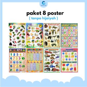 Paket 8 Poster Belajar Anak Edukasi Huruf Angka Transportasi Hewan buah Sayur dll